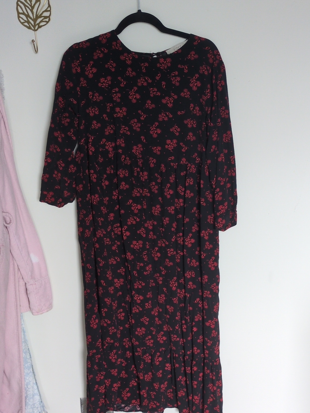 LOFT Black Midi Dress with Red Floral Pattern